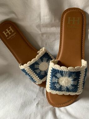 Haute Hippie 'Arianne Crochet Slides' sandals in blue & cream